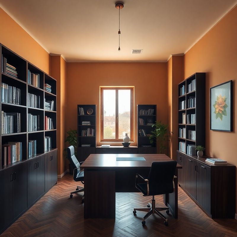 Interior de birou de consultanță din Cluj-Napoca, cu bibliotecă structurată și birou din lemn închis